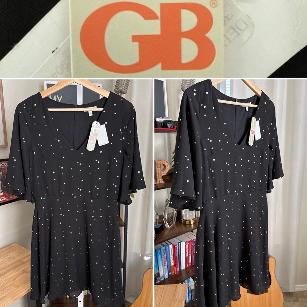 Gianni Bini Dress Women’s Size M Black Gold Star Fit Flare Flowy V Neck NWT $59
